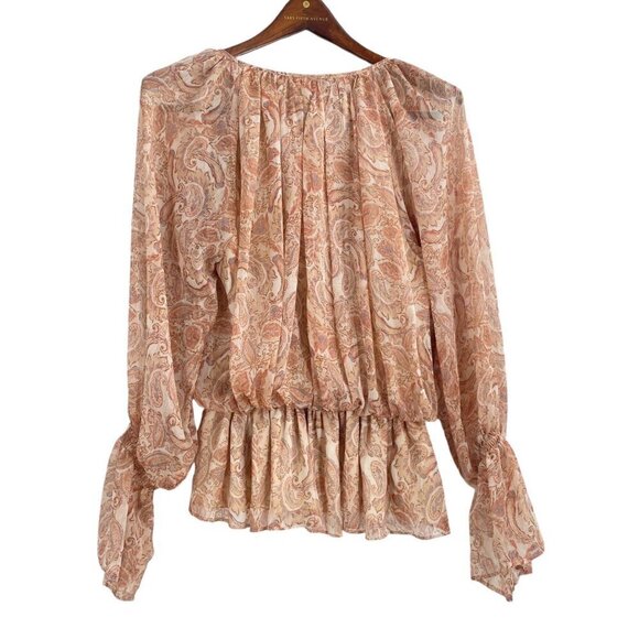 NWT FATE Paisley Tan Peasant Blouse Womens Size Small Cottagecore Ruffle Boho - Picture 3 of 8
